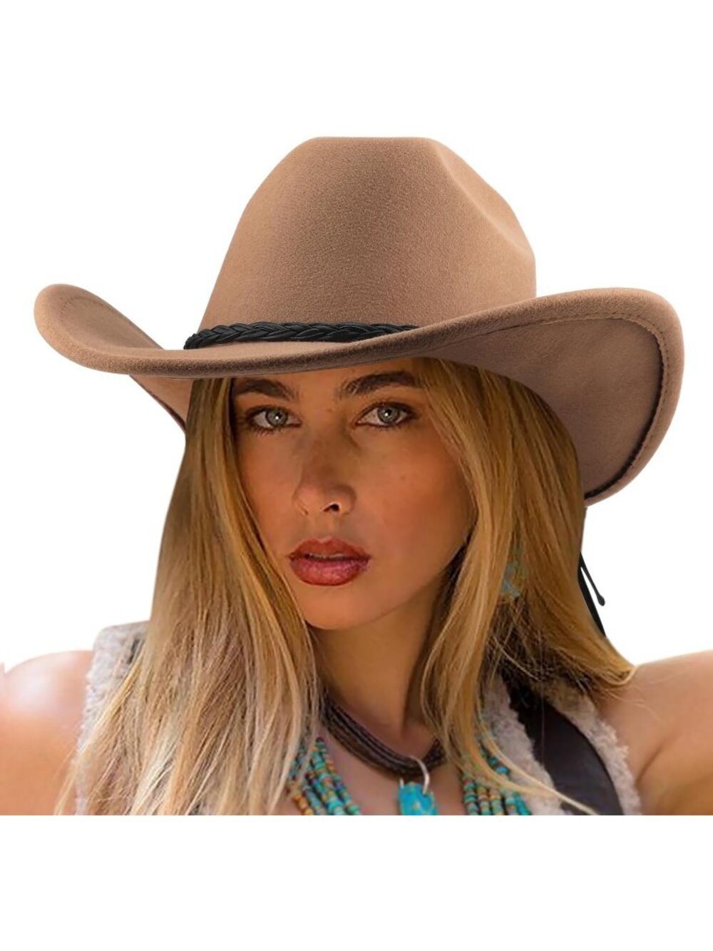 Unisex Khaki Wide Brim Felt Fedora Cowgirl Western Cowboy Rolled Up Caps Hat